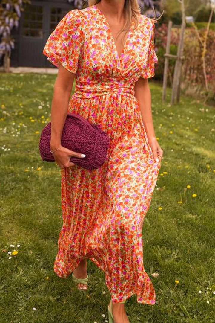 Violet |  Blomstret Lang Kjole med V-hals