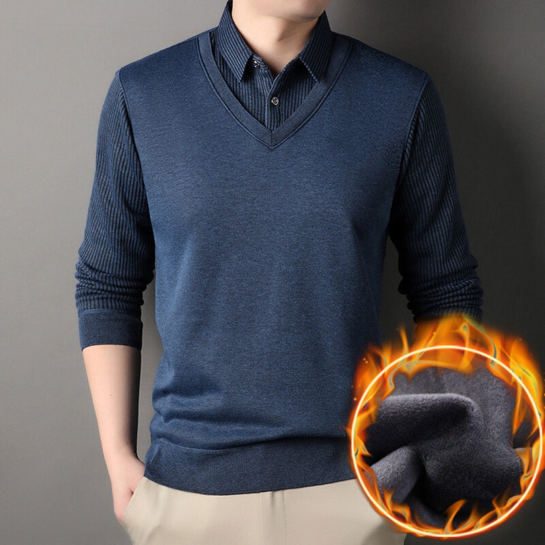 Strikket Sweater Med Fleecefor Og Stribet Skjortekrave
