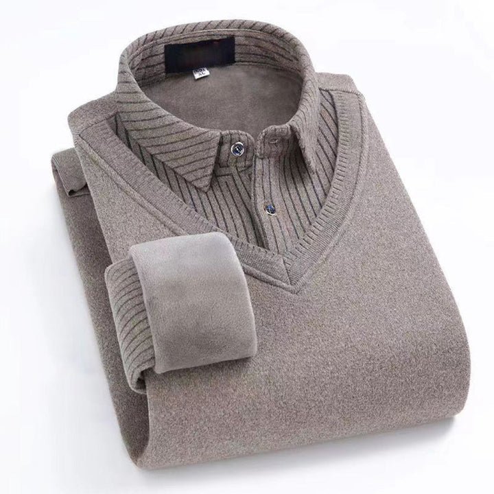Strikket Sweater Med Fleecefor Og Stribet Skjortekrave