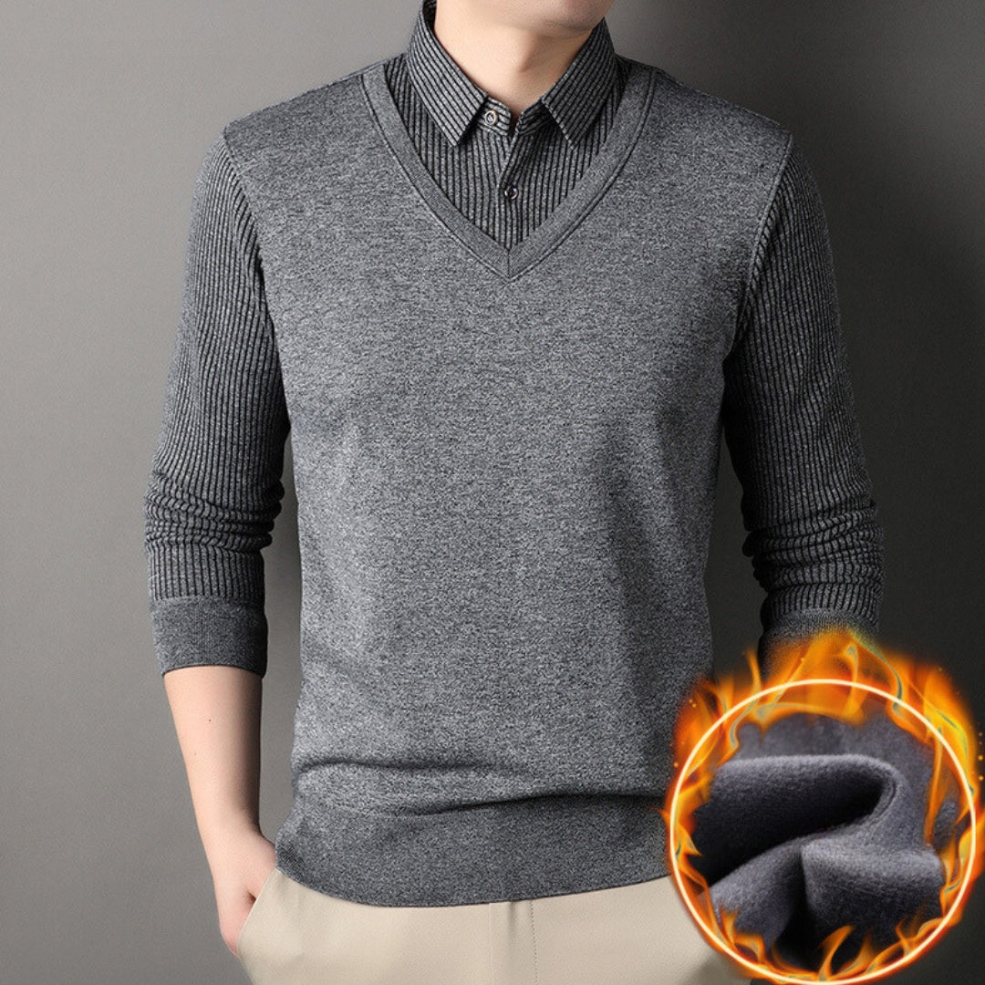 Strikket Sweater Med Fleecefor Og Stribet Skjortekrave