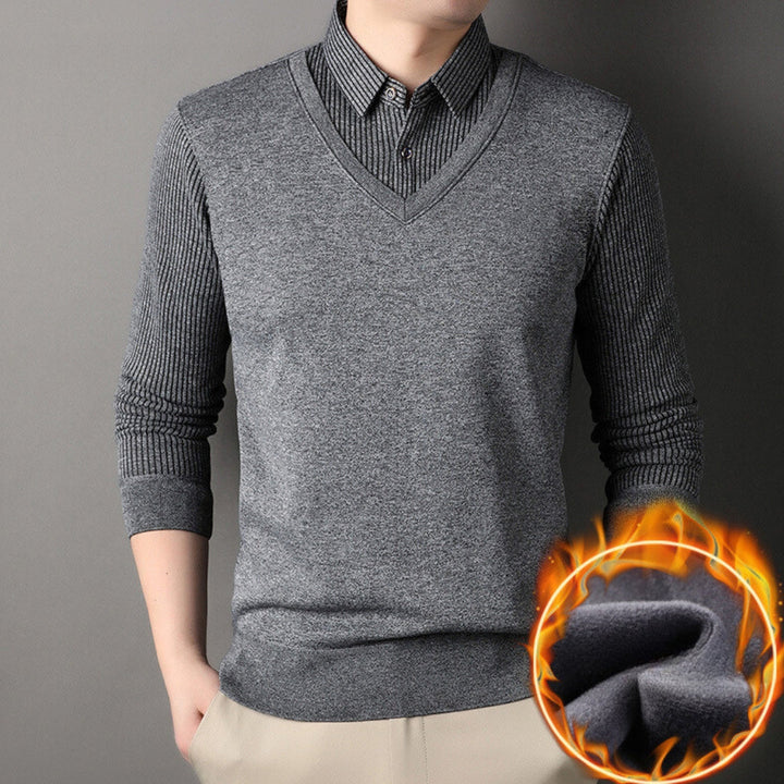 Strikket Sweater Med Fleecefor Og Stribet Skjortekrave